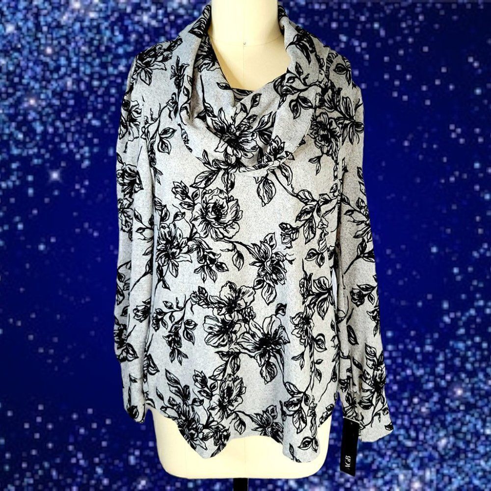 AGB gray black floral velvet cowl neck long sleeve top NWT